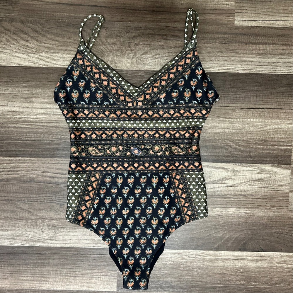 BOTEH One Piece Swimsuit XS Olive Green Paisley Floral Boho Mediterranean Earthy